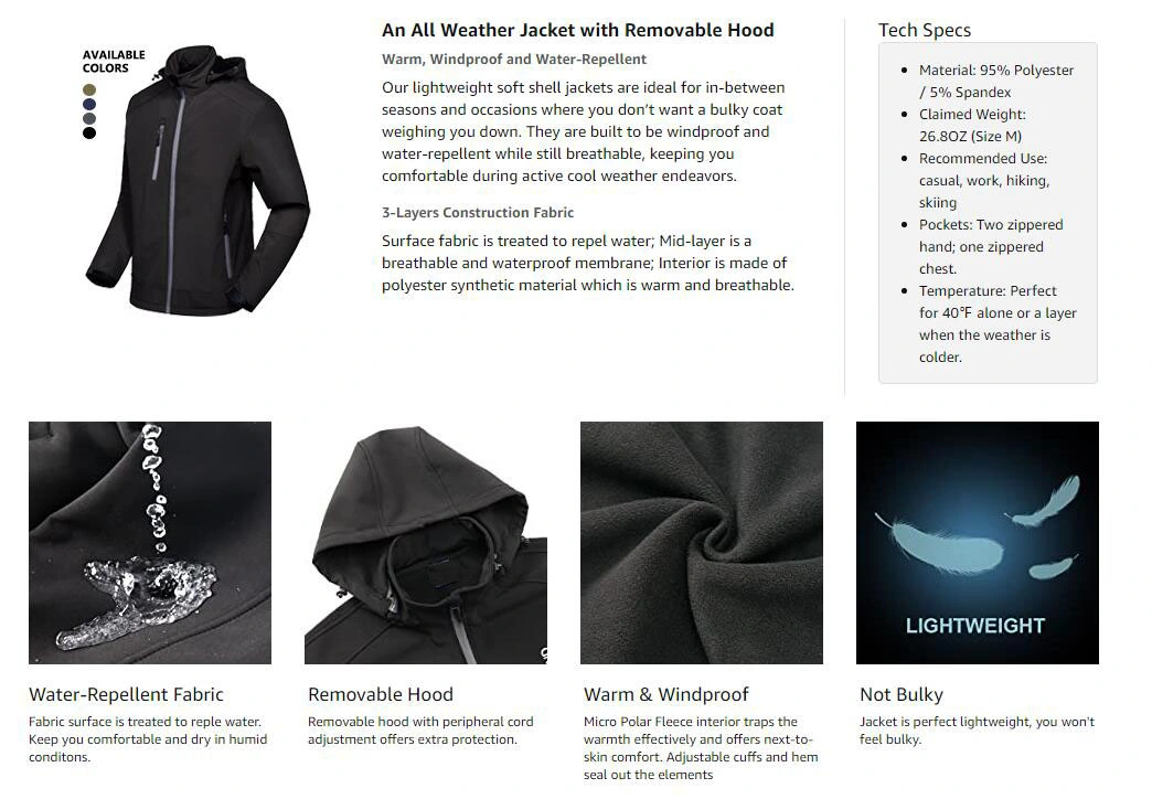 Men Waterproof / Windproof Softshell Winter Sport Outdoor Fashion Jacket with Detachable Hood Fleece Lined and Water Repellent BSCI