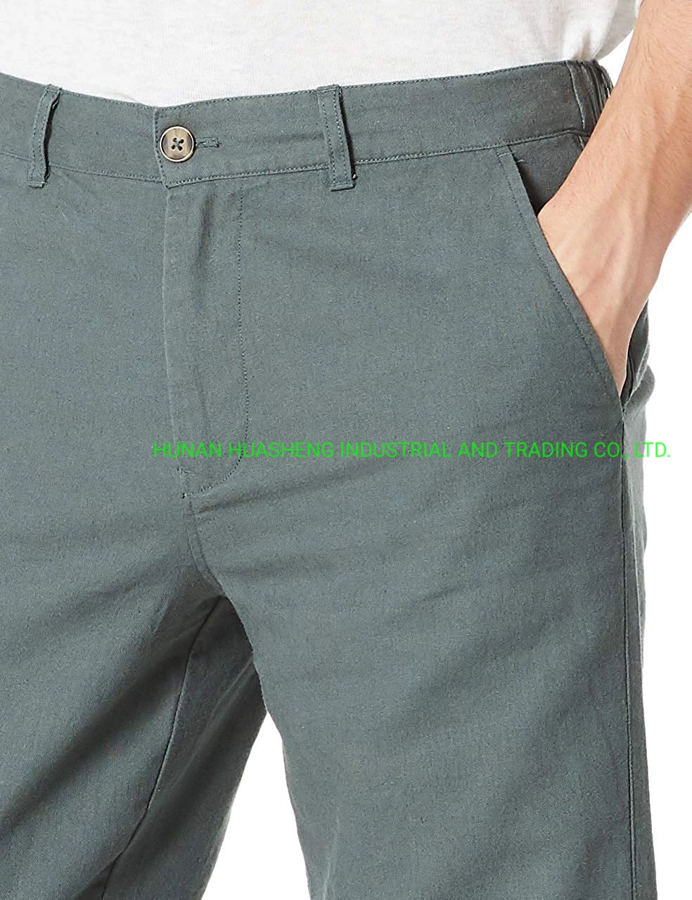 Men&prime;s Breathable Drawstring Linen Cotton Blend Ninth Pants Grass Green