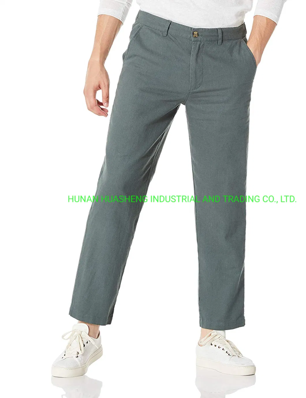 Men&prime;s Breathable Drawstring Linen Cotton Blend Ninth Pants Grass Green