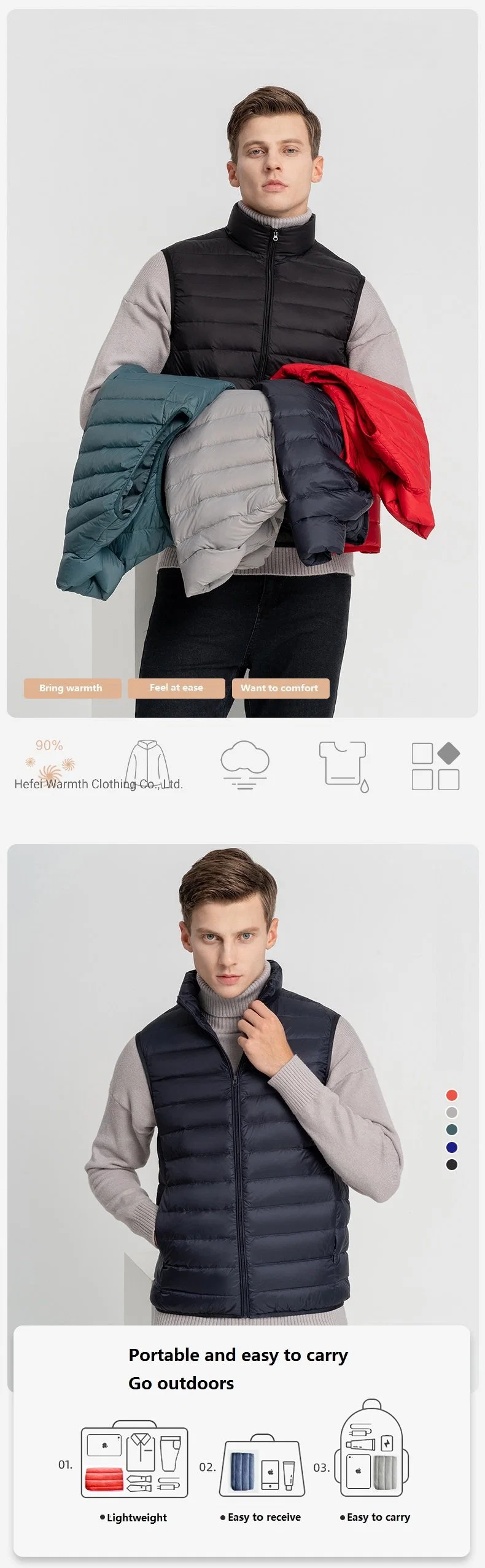OEM Custom Winter Windbreaker Plain Neon Orange Down Puffer Vest for Men