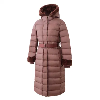 Classic Fashion Jacket Ladies Winter Real Down Coat/Popular Soft Faux Fur Hooded Outerwear Jacket with Belt Windproof Sleeve Cuff